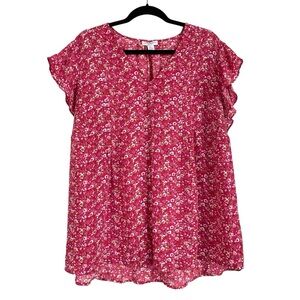Carolina Belle Montreal Plus Size 2X Pink Floral Flutter Short Sleeve Blouse Top